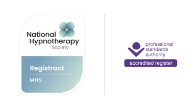 Logo for National Hypnotherapy Society, featuring a flower and registration details.